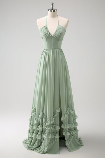 Dusty Sage Halter Ruffled brudepige kjole med slids